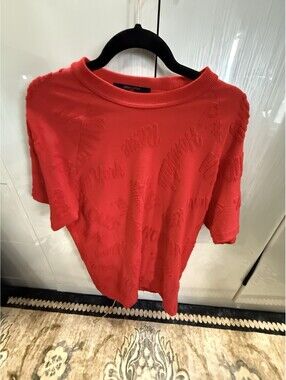Louis Vuitton Red Embossed Logo Short Sleeve Sweater M
